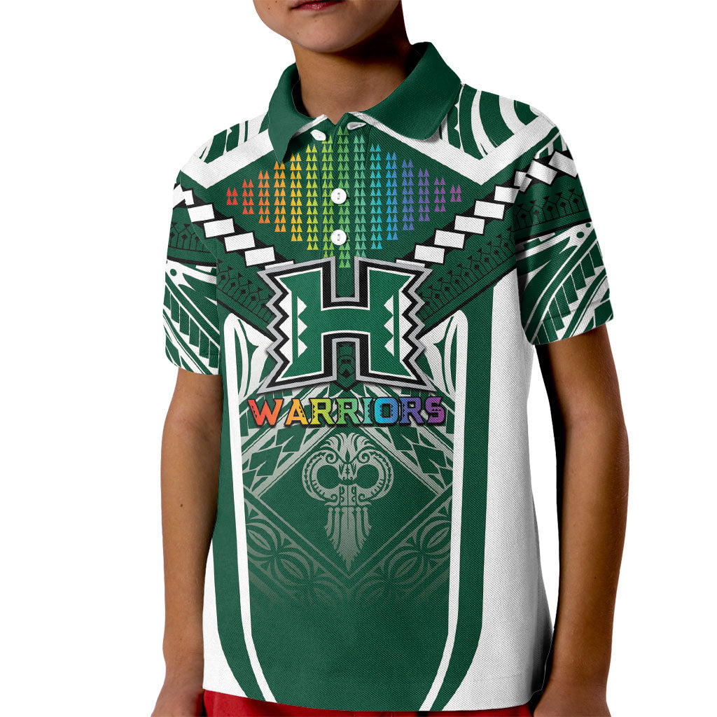Custom Hawaii Warriors Football Kid Polo Shirt Rainbow Kakau Pattern Green LT05 Kid Green - Polynesian Pride