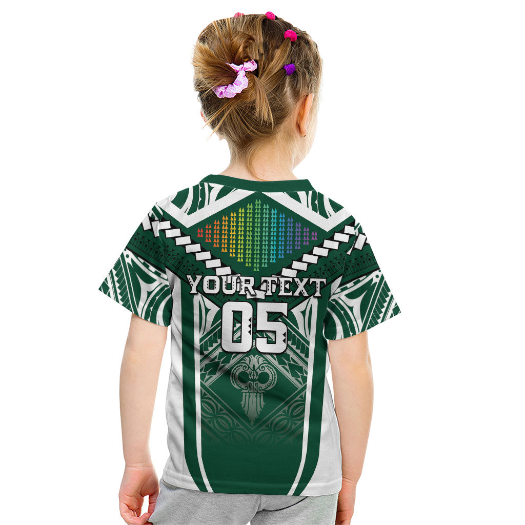 Custom Hawaii Warriors Football Kid T Shirt Rainbow Kakau Pattern Green LT05 - Polynesian Pride