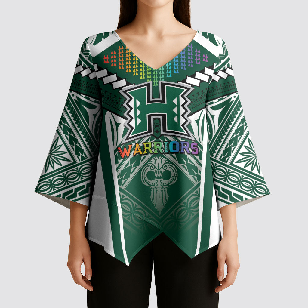 Custom Hawaii Warriors Football Kimono Sleeve Blouse Rainbow Kakau Pattern Green LT05 - Polynesian Pride