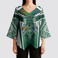 Custom Hawaii Warriors Football Kimono Sleeve Blouse Rainbow Kakau Pattern Green LT05 - Polynesian Pride
