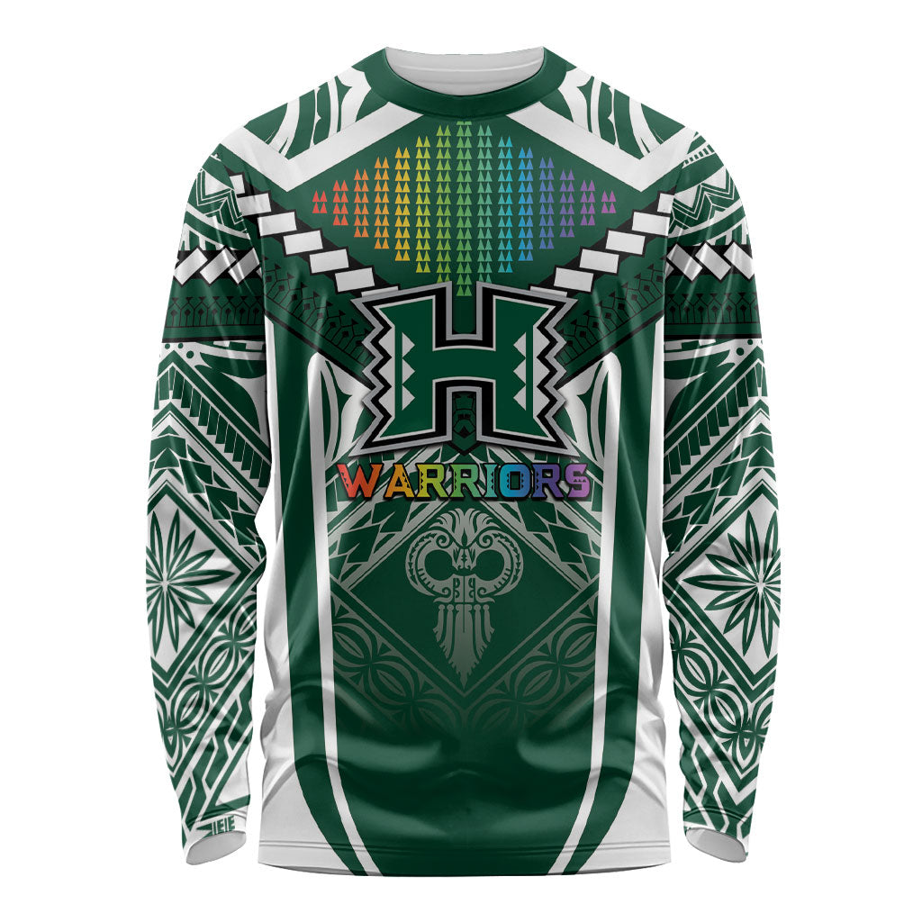 Custom Hawaii Warriors Football Long Sleeve Shirt Rainbow Kakau Pattern Green LT05 Unisex Green - Polynesian Pride