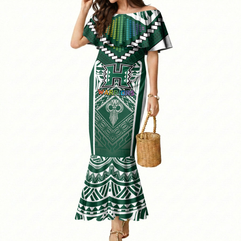 Custom Hawaii Warriors Football Mermaid Dress Rainbow Kakau Pattern Green LT05 Women Green - Polynesian Pride