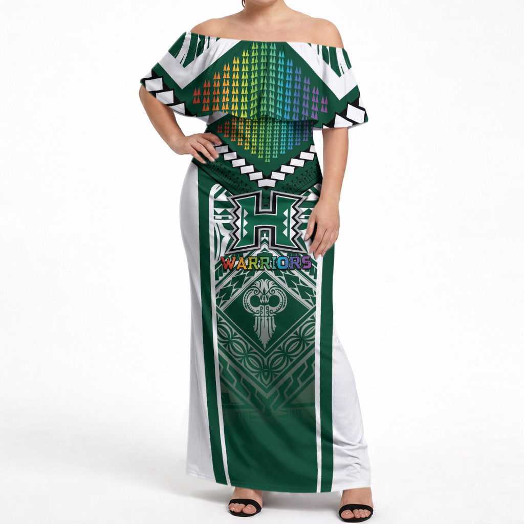 Custom Hawaii Warriors Football Off Shoulder Maxi Dress Rainbow Kakau Pattern Green LT05 Women Green - Polynesian Pride