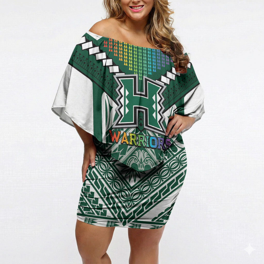 Custom Hawaii Warriors Football Off Shoulder Short Dress Rainbow Kakau Pattern Green LT05 Women Green - Polynesian Pride