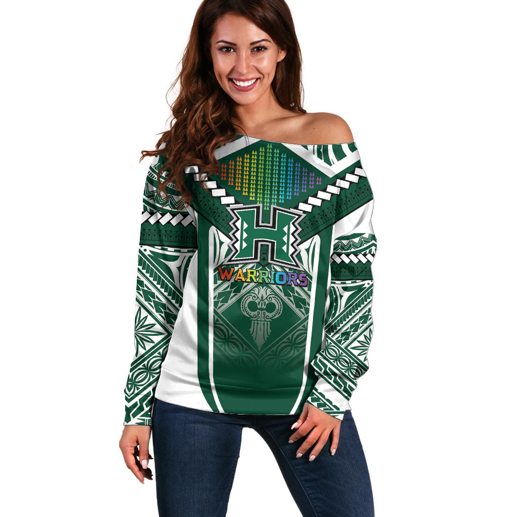 Custom Hawaii Warriors Football Off Shoulder Sweater Rainbow Kakau Pattern Green LT05 Women Green - Polynesian Pride