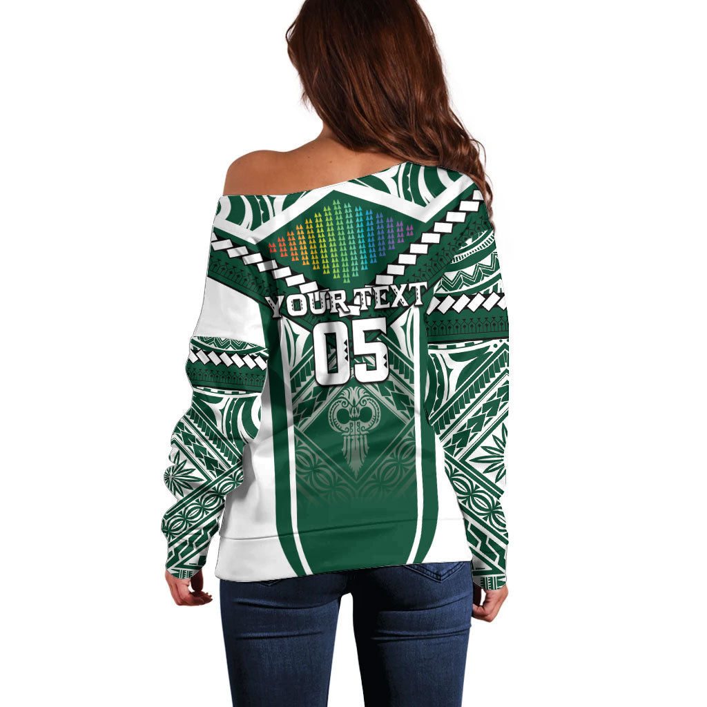 Custom Hawaii Warriors Football Off Shoulder Sweater Rainbow Kakau Pattern Green LT05 - Polynesian Pride