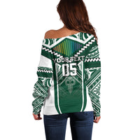 Custom Hawaii Warriors Football Off Shoulder Sweater Rainbow Kakau Pattern Green LT05 - Polynesian Pride