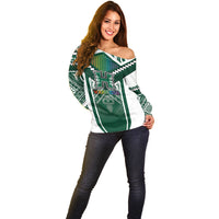 Custom Hawaii Warriors Football Off Shoulder Sweater Rainbow Kakau Pattern Green LT05 - Polynesian Pride