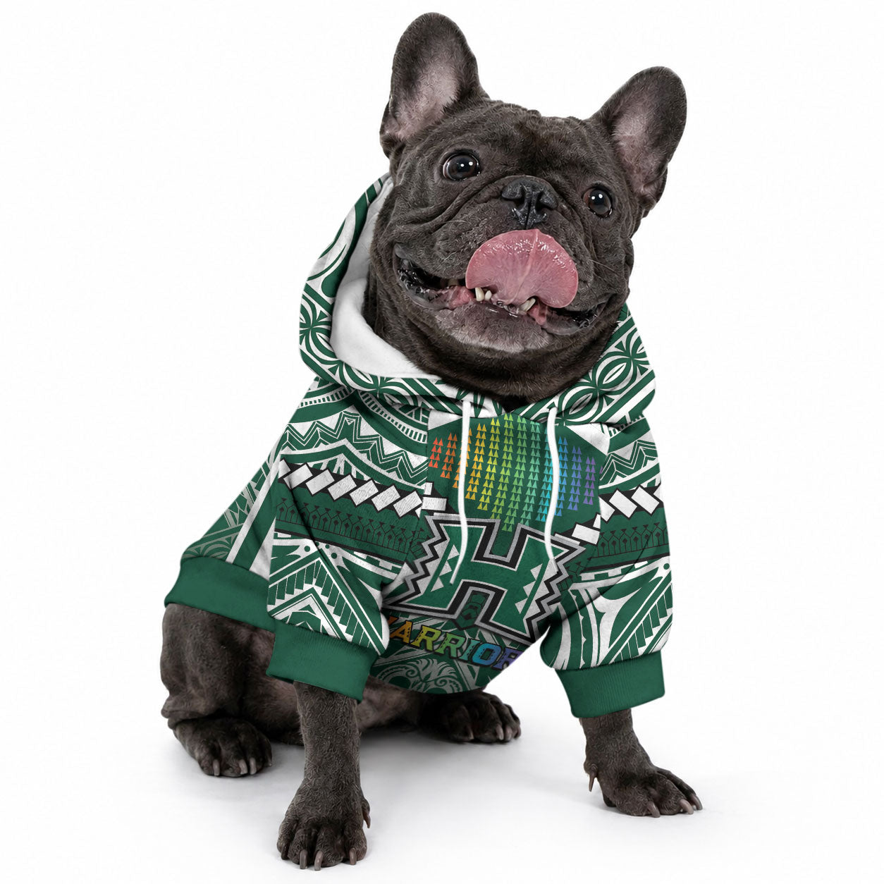 Custom Hawaii Warriors Football Pet Hoodie Rainbow Kakau Pattern Green LT05 - Polynesian Pride