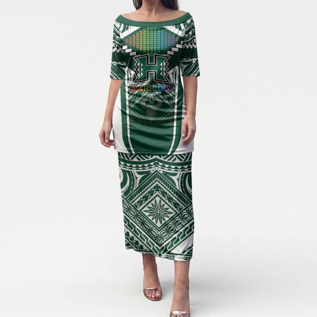 Custom Hawaii Warriors Football Puletasi Rainbow Kakau Pattern Green LT05 Long Dress Green - Polynesian Pride