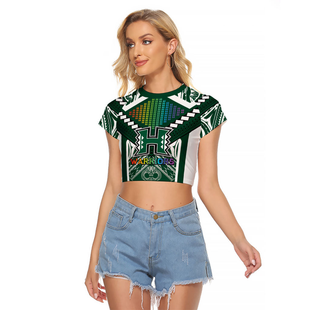 Custom Hawaii Warriors Football Raglan Cropped T Shirt Rainbow Kakau Pattern Green