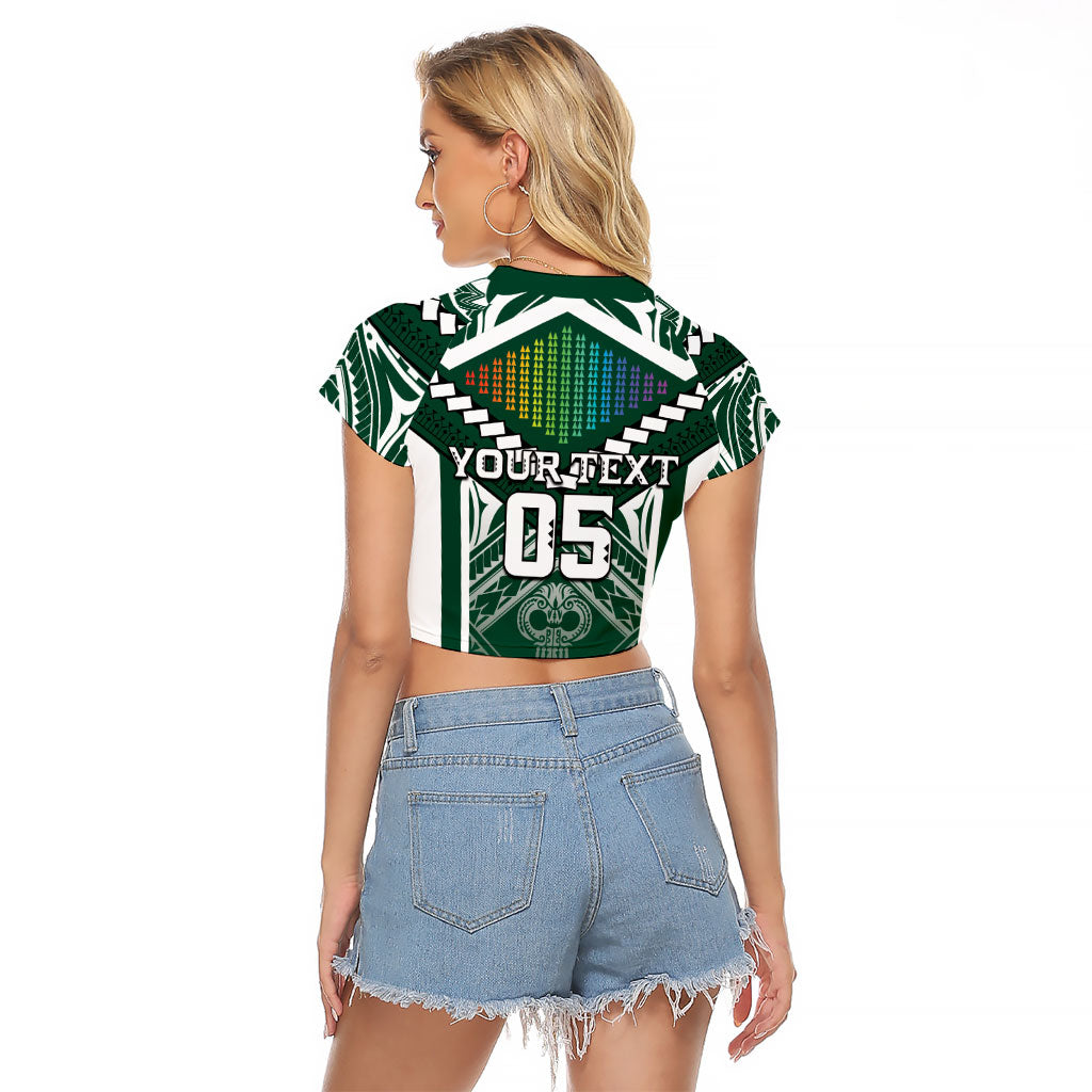 Custom Hawaii Warriors Football Raglan Cropped T Shirt Rainbow Kakau Pattern Green LT05 - Polynesian Pride