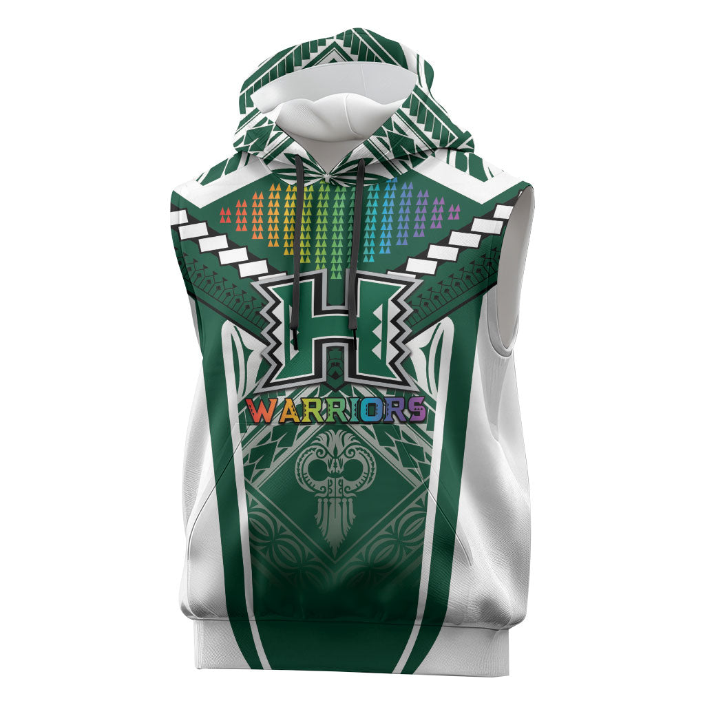 Custom Hawaii Warriors Football Sleeveless Hoodie Rainbow Kakau Pattern Green LT05 Green - Polynesian Pride