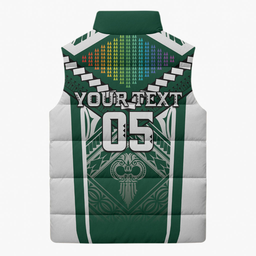 Custom Hawaii Warriors Football Sleeveless Puffer Jacket Rainbow Kakau Pattern Green LT05 - Polynesian Pride