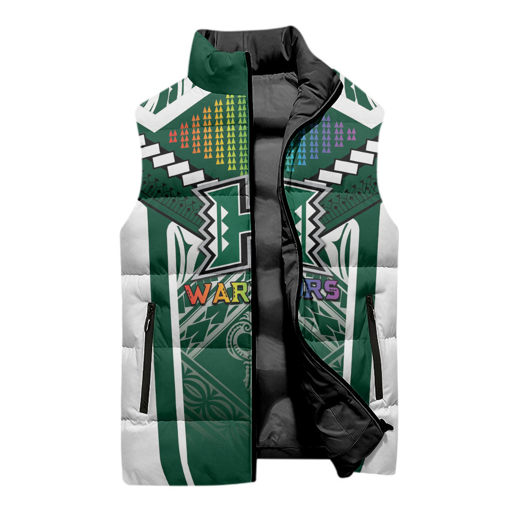 Custom Hawaii Warriors Football Sleeveless Puffer Jacket Rainbow Kakau Pattern Green LT05 - Polynesian Pride
