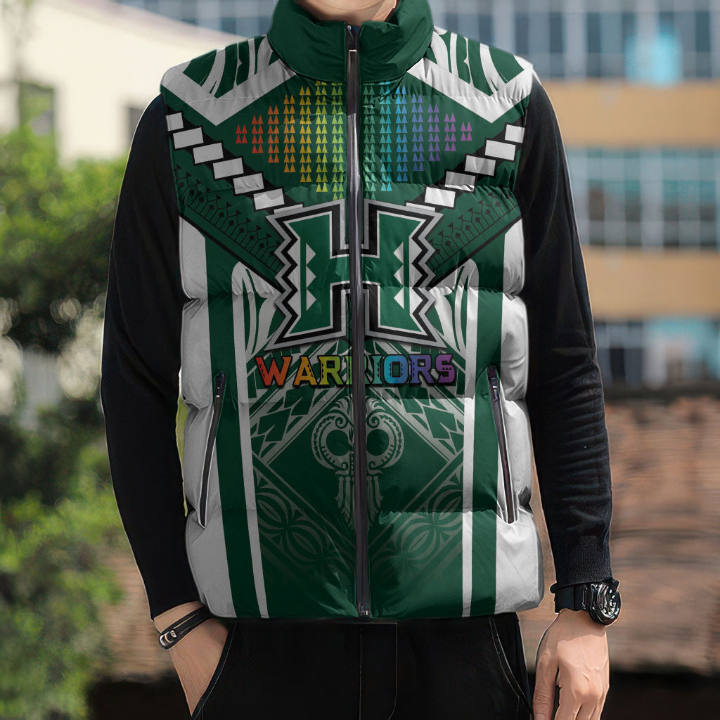 Custom Hawaii Warriors Football Sleeveless Puffer Jacket Rainbow Kakau Pattern Green LT05 - Polynesian Pride