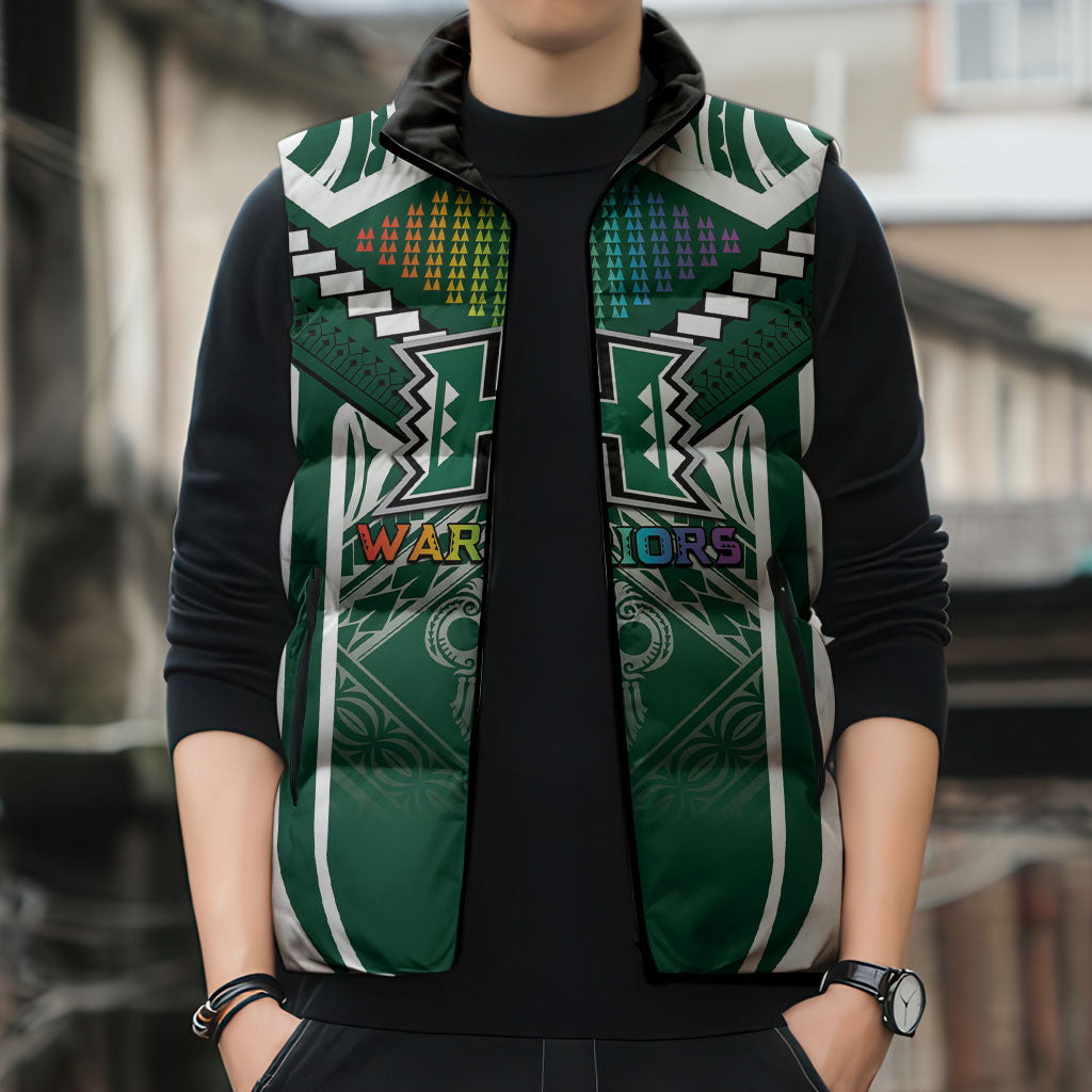 Custom Hawaii Warriors Football Sleeveless Puffer Jacket Rainbow Kakau Pattern Green LT05 - Polynesian Pride