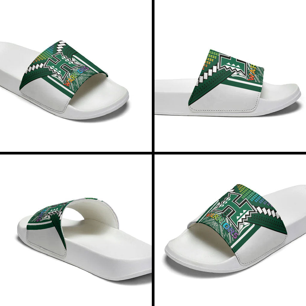 Hawaii Warriors Football Slide Sandals Rainbow Kakau Pattern Green LT05 - Polynesian Pride