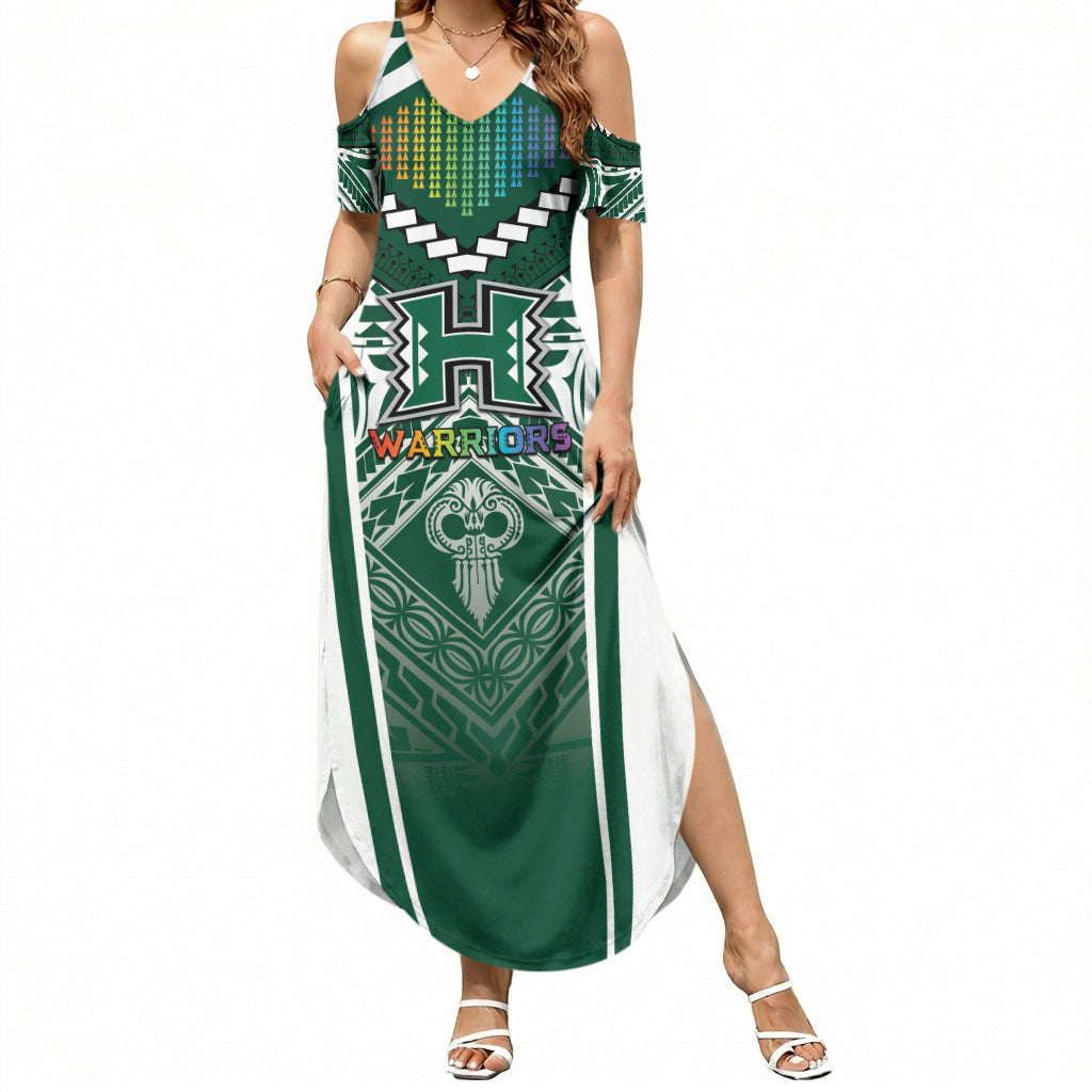 Custom Hawaii Warriors Football Summer Maxi Dress Rainbow Kakau Pattern Green LT05 Women Green - Polynesian Pride