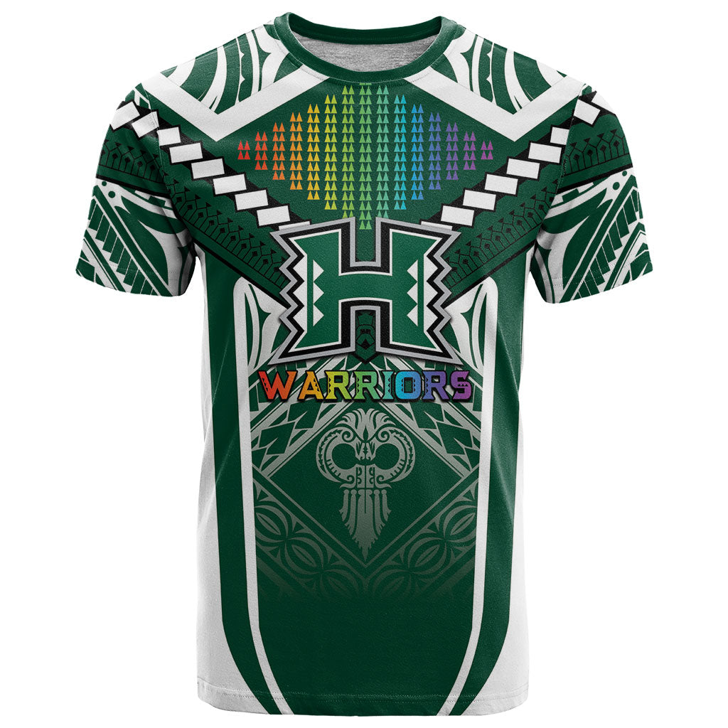 Custom Hawaii Warriors Football T Shirt Rainbow Kakau Pattern Green LT05 Green - Polynesian Pride