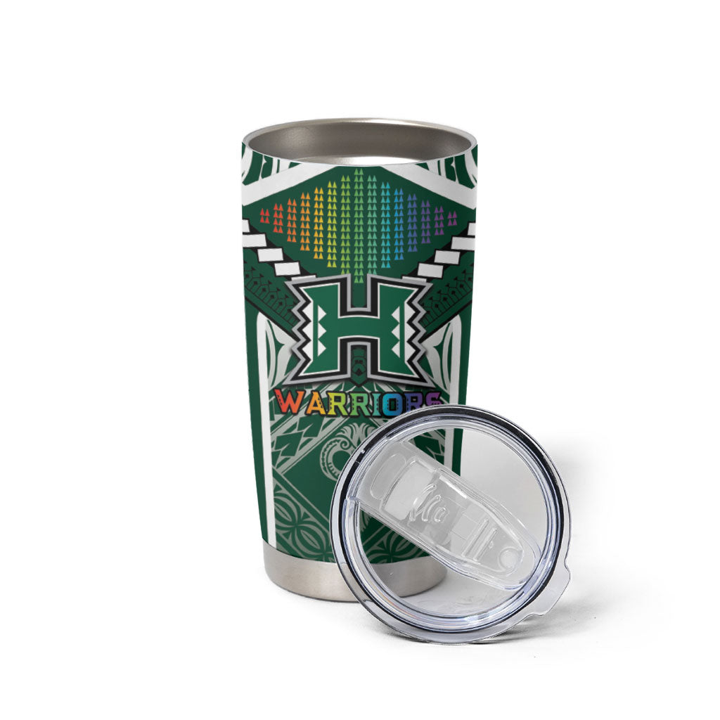 Custom Hawaii Warriors Football Tumbler Cup Rainbow Kakau Pattern Green LT05 - Polynesian Pride
