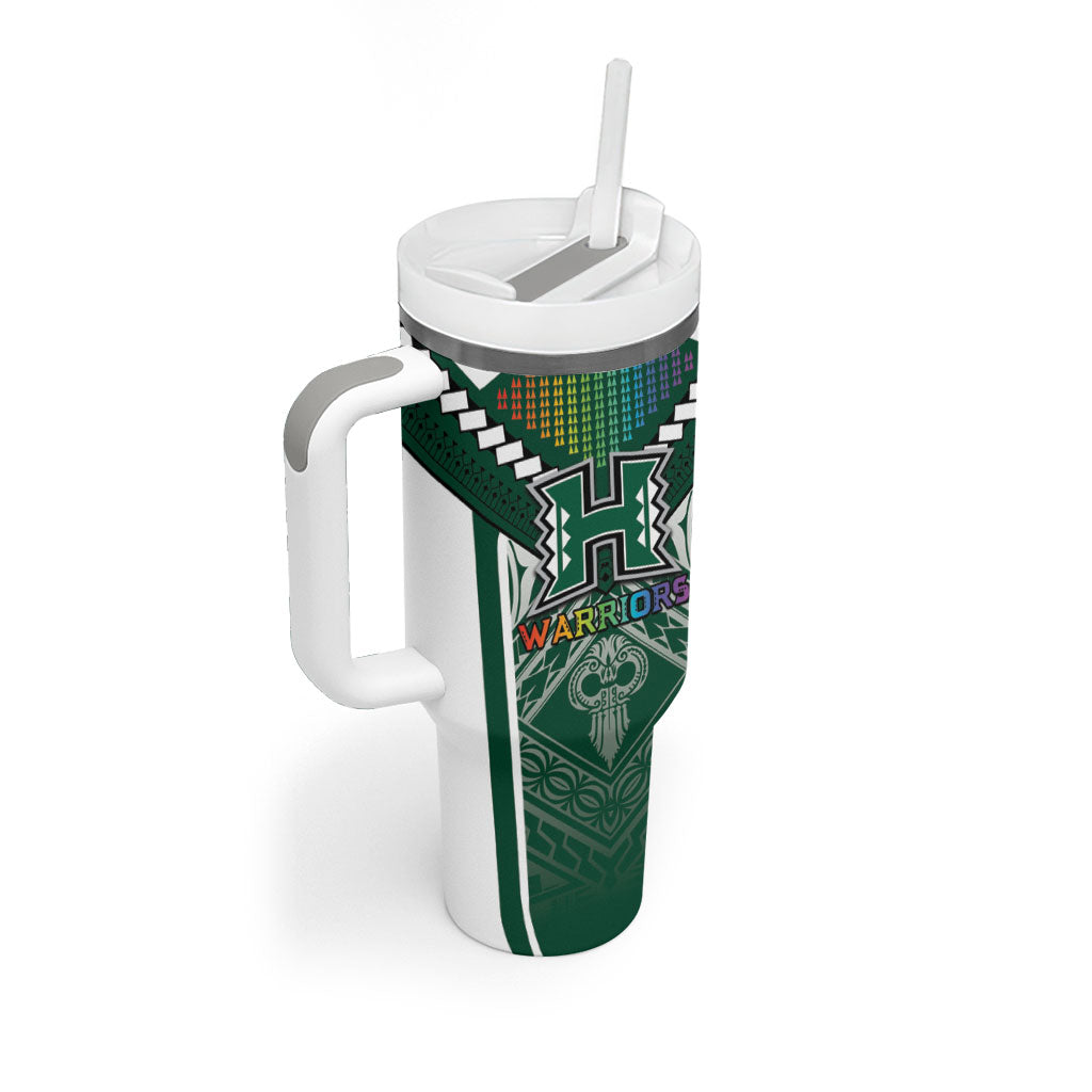 Custom Hawaii Warriors Football Tumbler With Handle Rainbow Kakau Pattern Green LT05 - Polynesian Pride