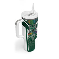 Custom Hawaii Warriors Football Tumbler With Handle Rainbow Kakau Pattern Green LT05 - Polynesian Pride