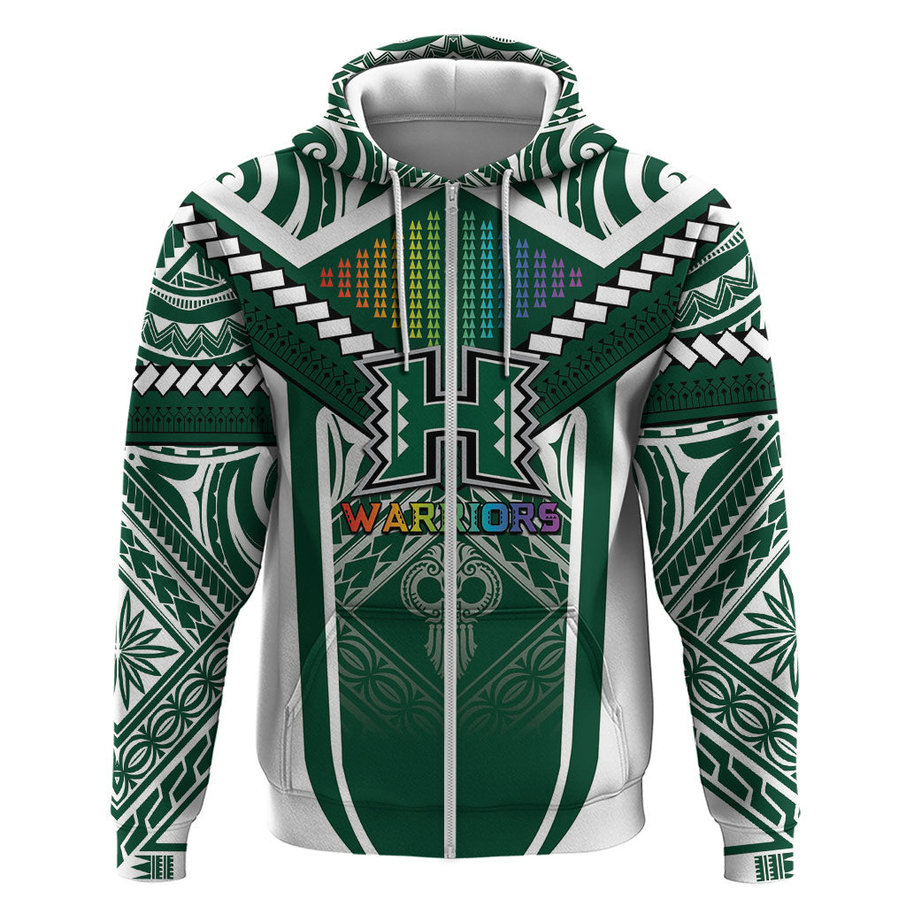 Custom Hawaii Warriors Football Zip Hoodie Rainbow Kakau Pattern Green LT05 Zip Hoodie Green - Polynesian Pride