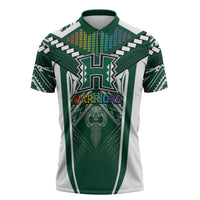 Custom Hawaii Warriors Football Zipper Polo Shirt Rainbow Kakau Pattern Green LT05 Green - Polynesian Pride