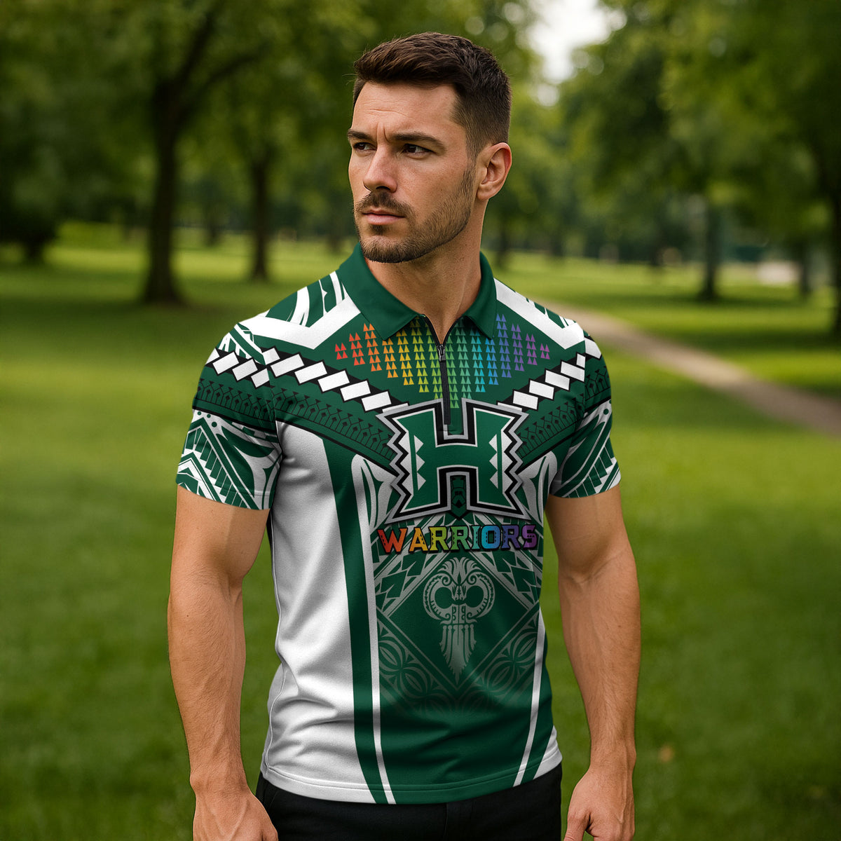 Custom Hawaii Warriors Football Zipper Polo Shirt Rainbow Kakau Pattern Green LT05 - Polynesian Pride