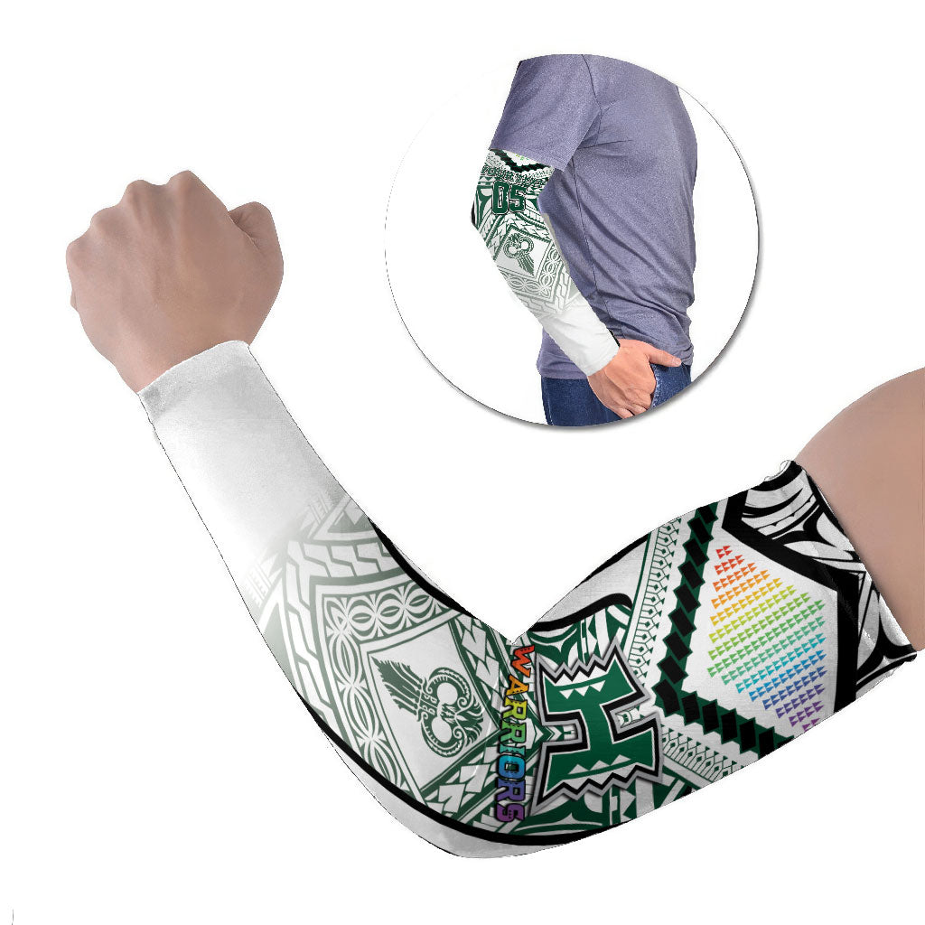 Custom Hawaii Warriors Football Arm Sleeves Rainbow Kakau Pattern White LT05 Set of 2 White - Polynesian Pride