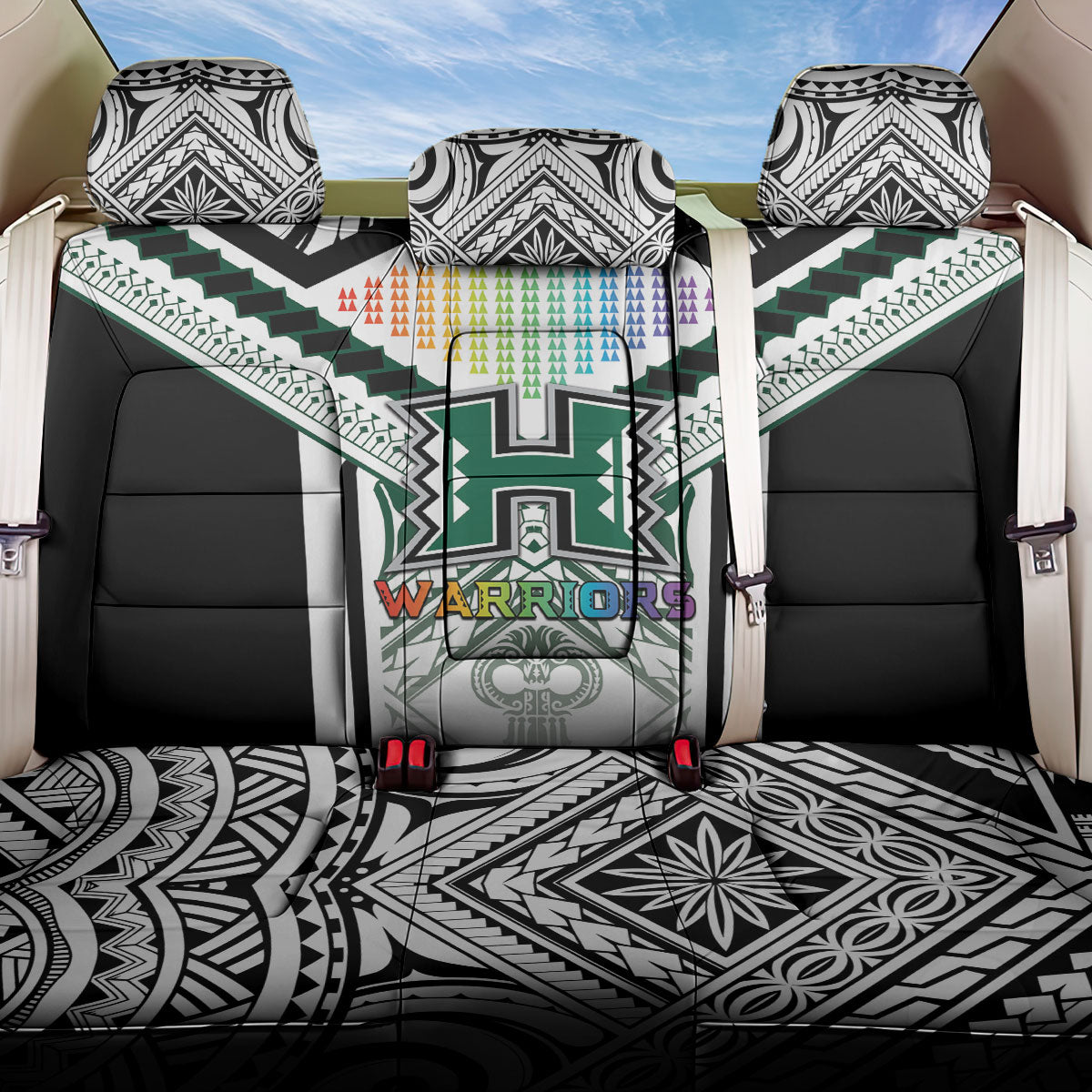 Hawaii Warriors Football Back Car Seat Cover Rainbow Kakau Pattern White LT05 One Size White - Polynesian Pride