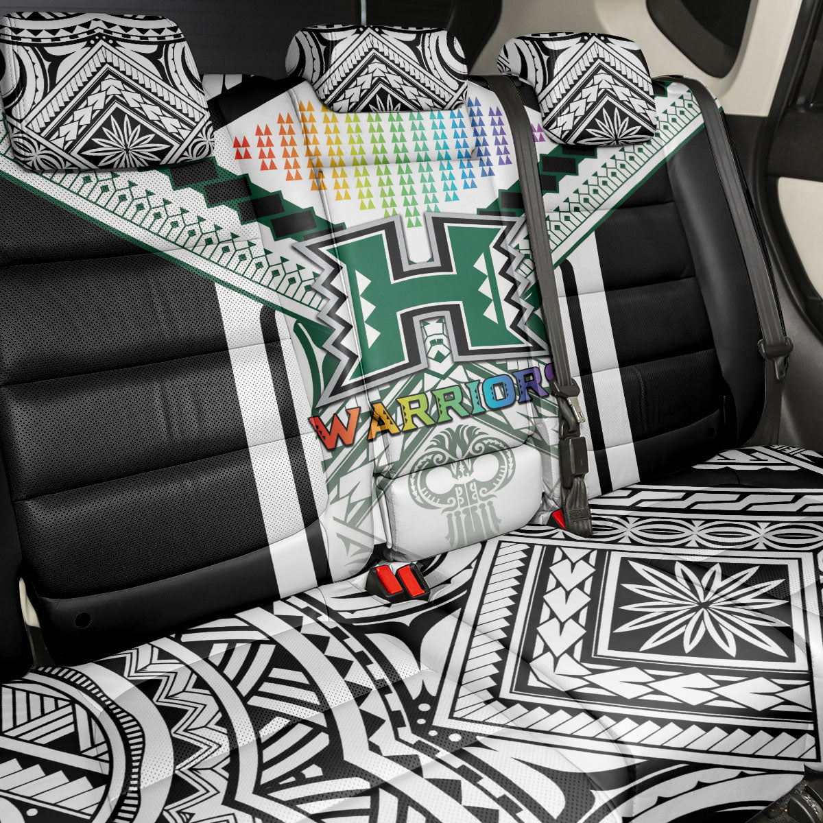 Hawaii Warriors Football Back Car Seat Cover Rainbow Kakau Pattern White LT05 - Polynesian Pride