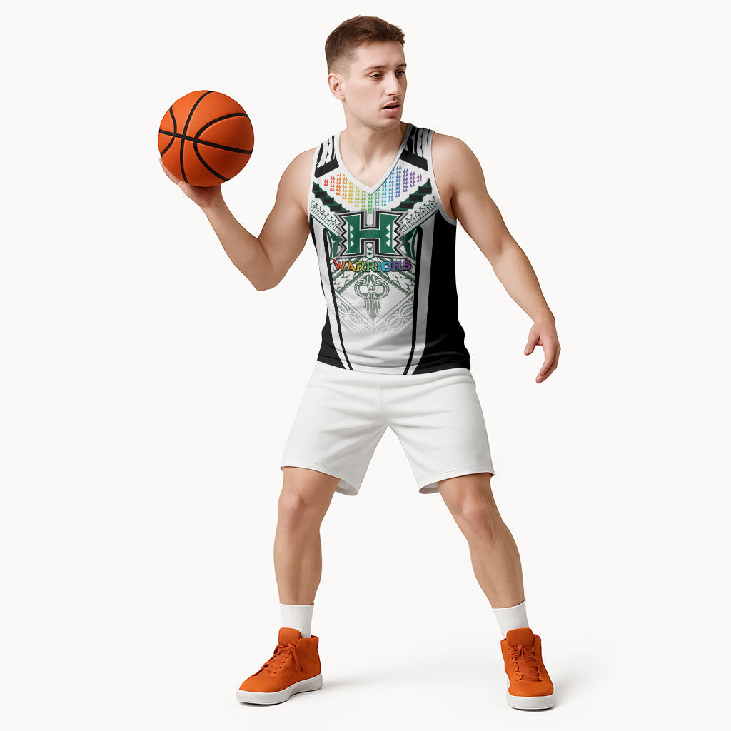 Custom Hawaii Warriors Football Basketball Jersey Rainbow Kakau Pattern White LT05 - Polynesian Pride