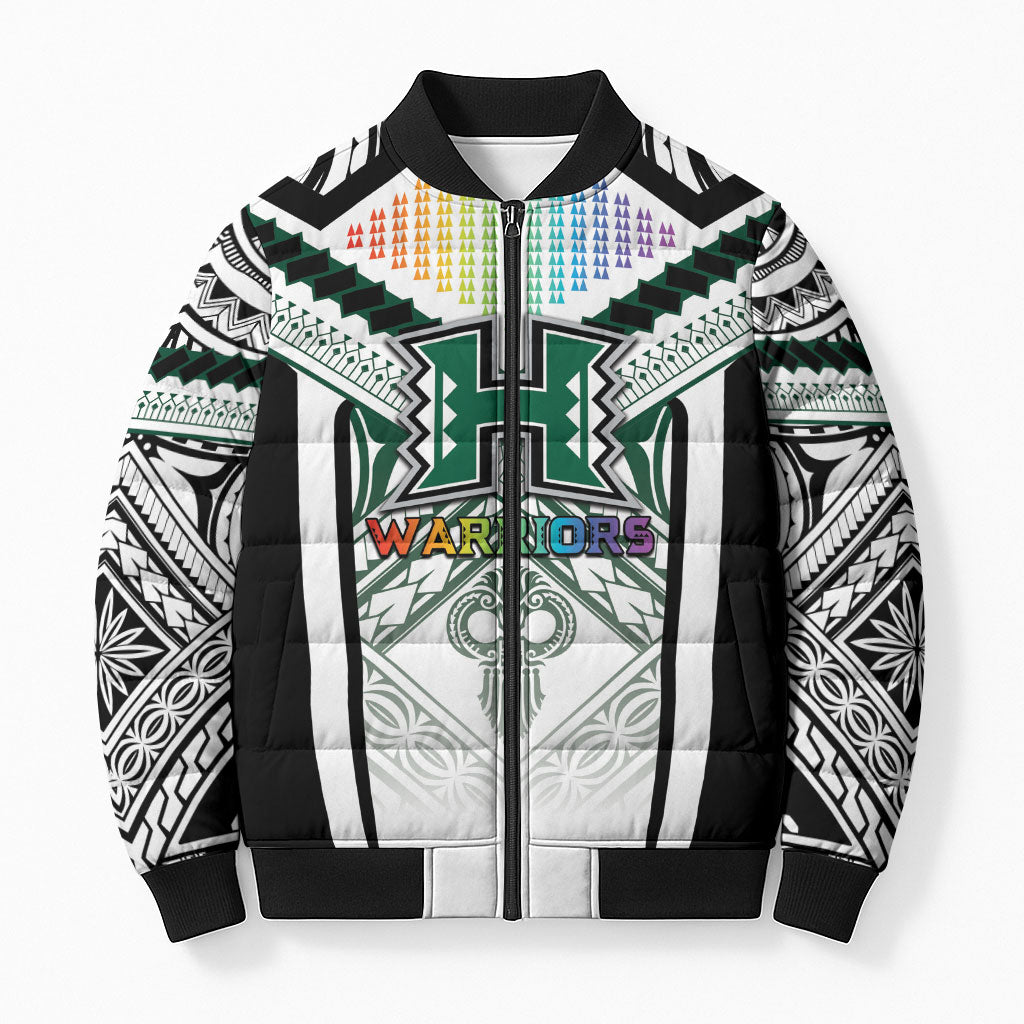 Custom Hawaii Warriors Football Bomber Puffer Jacket Rainbow Kakau Pattern White LT05 Unisex White - Polynesian Pride