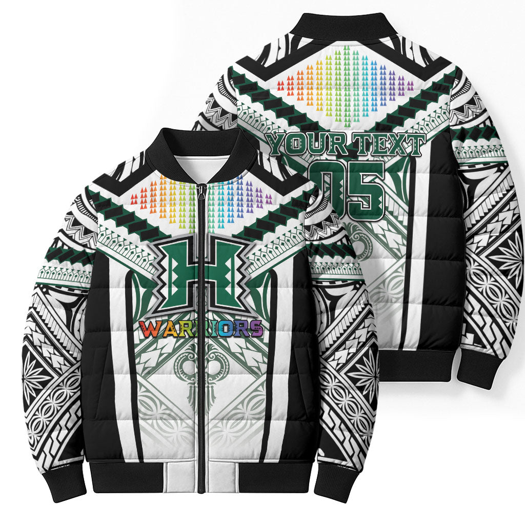 Custom Hawaii Warriors Football Bomber Puffer Jacket Rainbow Kakau Pattern White LT05 - Polynesian Pride