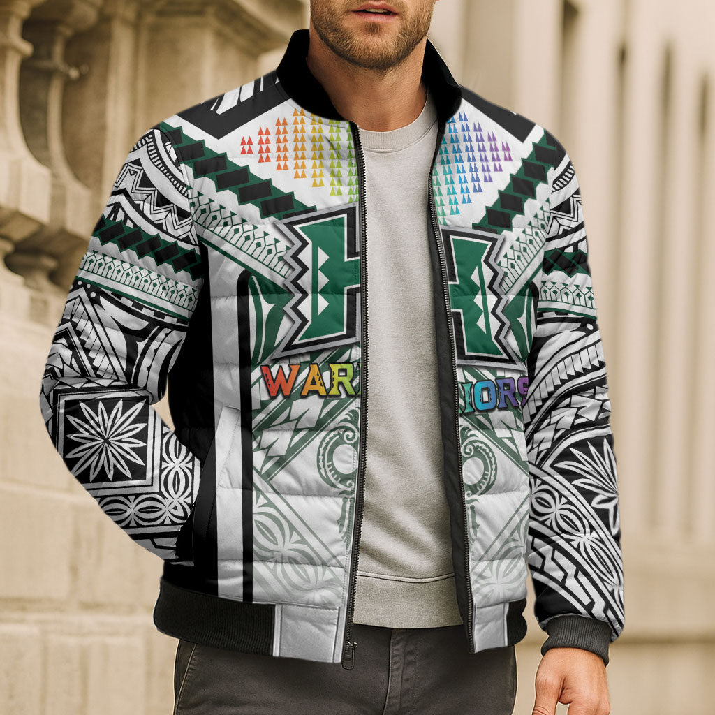 Custom Hawaii Warriors Football Bomber Puffer Jacket Rainbow Kakau Pattern White LT05 - Polynesian Pride