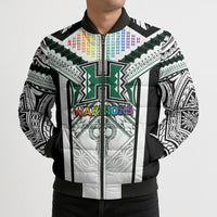 Custom Hawaii Warriors Football Bomber Puffer Jacket Rainbow Kakau Pattern White LT05 - Polynesian Pride