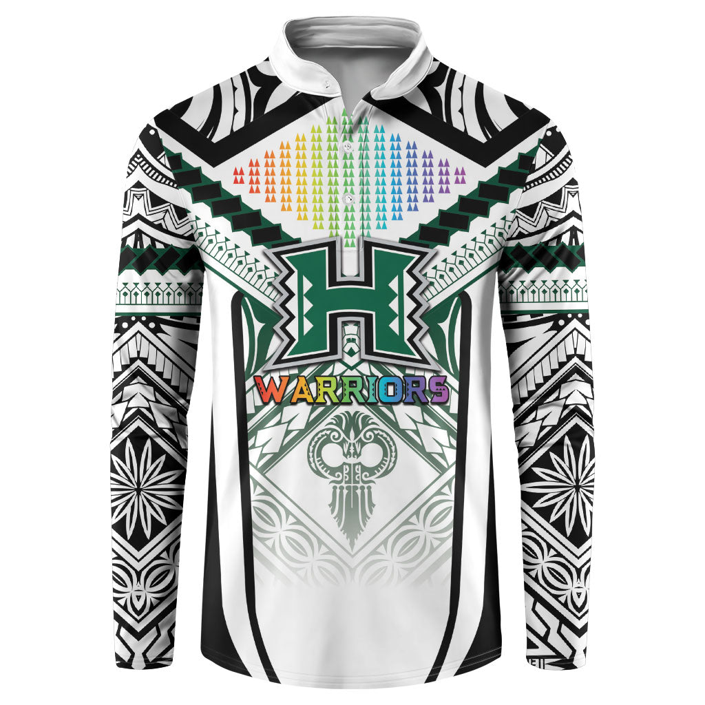 Custom Hawaii Warriors Football Button Sweatshirt Rainbow Kakau Pattern White LT05 White - Polynesian Pride