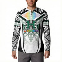 Custom Hawaii Warriors Football Button Sweatshirt Rainbow Kakau Pattern White LT05 - Polynesian Pride