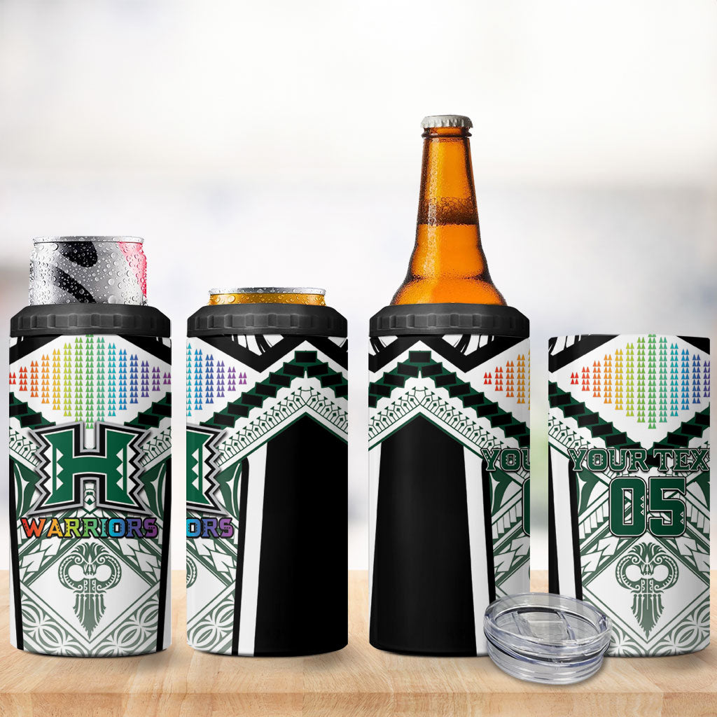 Custom Hawaii Warriors Football 4 in 1 Can Cooler Tumbler Rainbow Kakau Pattern White LT05 - Polynesian Pride