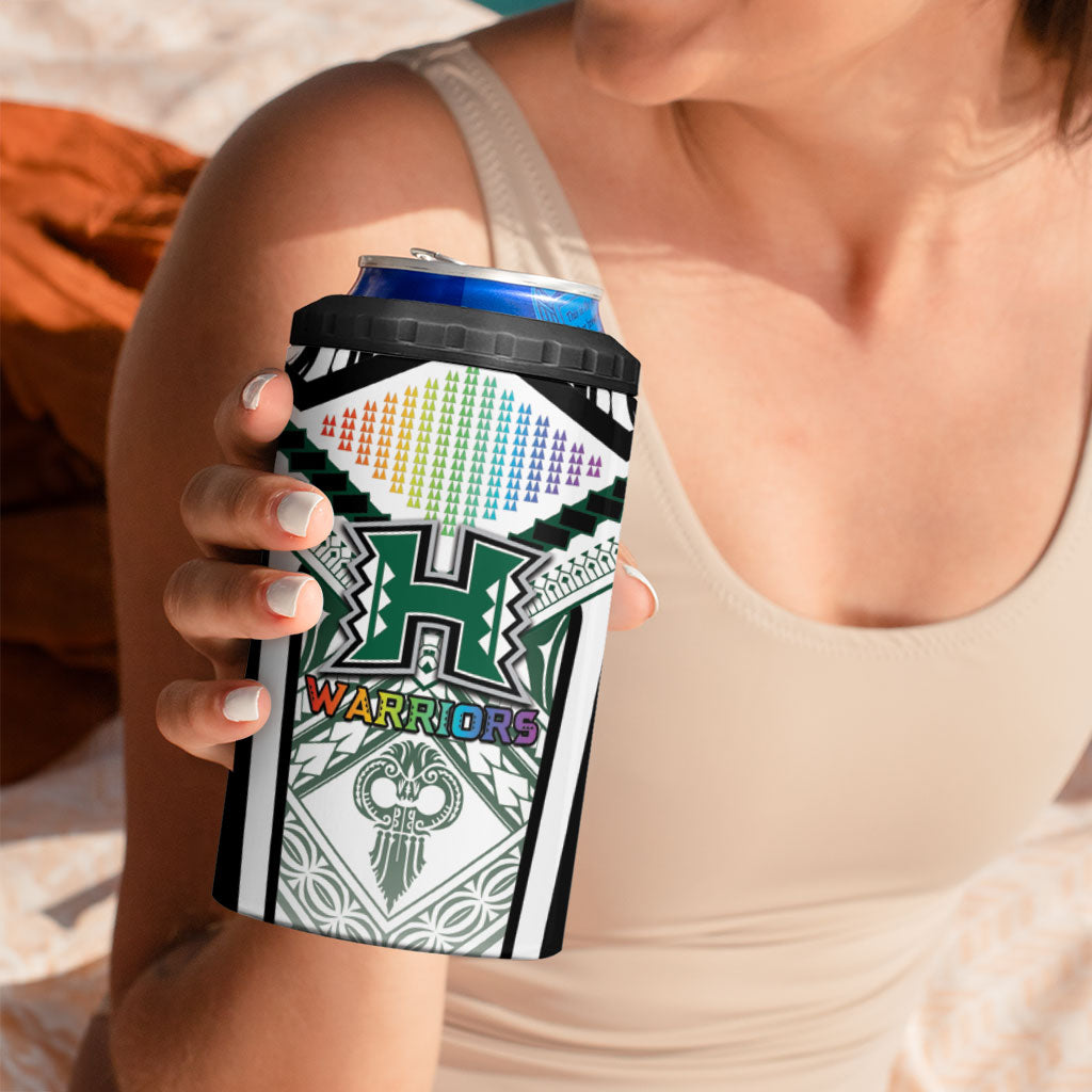Custom Hawaii Warriors Football 4 in 1 Can Cooler Tumbler Rainbow Kakau Pattern White LT05 - Polynesian Pride