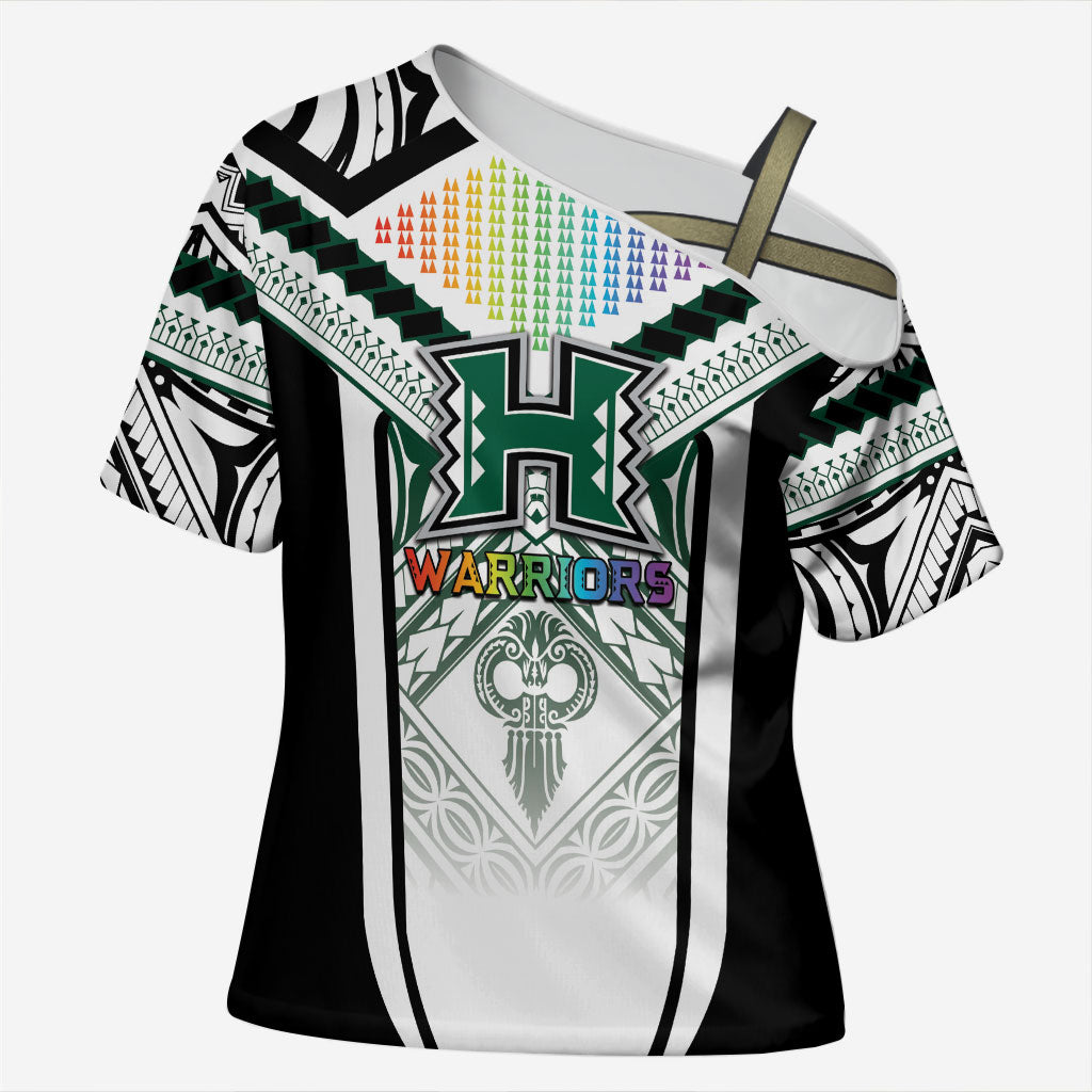 Custom Hawaii Warriors Football Cross Shoulder Shirt Rainbow Kakau Pattern White