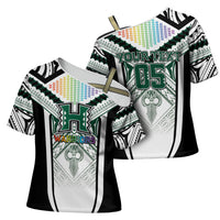 Custom Hawaii Warriors Football Cross Shoulder Shirt Rainbow Kakau Pattern White LT05 - Polynesian Pride