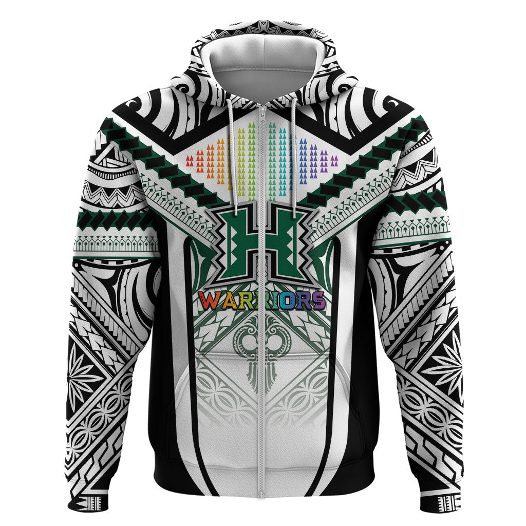 Custom Hawaii Warriors Football Hoodie Rainbow Kakau Pattern White LT05 Zip Hoodie White - Polynesian Pride