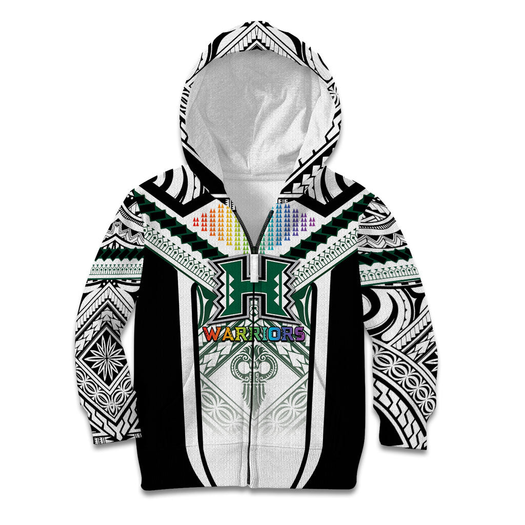 Custom Hawaii Warriors Football Kid Hoodie Rainbow Kakau Pattern White LT05 Zip Hoodie White - Polynesian Pride