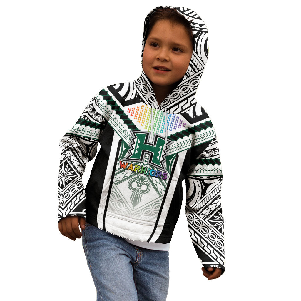 Custom Hawaii Warriors Football Kid Hoodie Rainbow Kakau Pattern White LT05 - Polynesian Pride