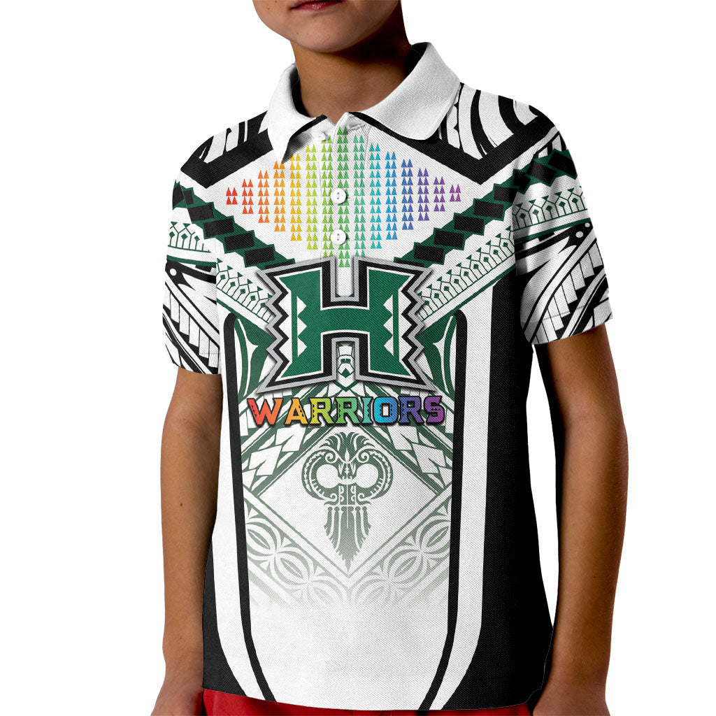 Custom Hawaii Warriors Football Kid Polo Shirt Rainbow Kakau Pattern White LT05 Kid White - Polynesian Pride