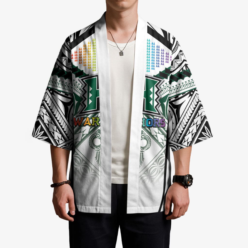 Custom Hawaii Warriors Football Kimono Rainbow Kakau Pattern White LT05 - Polynesian Pride