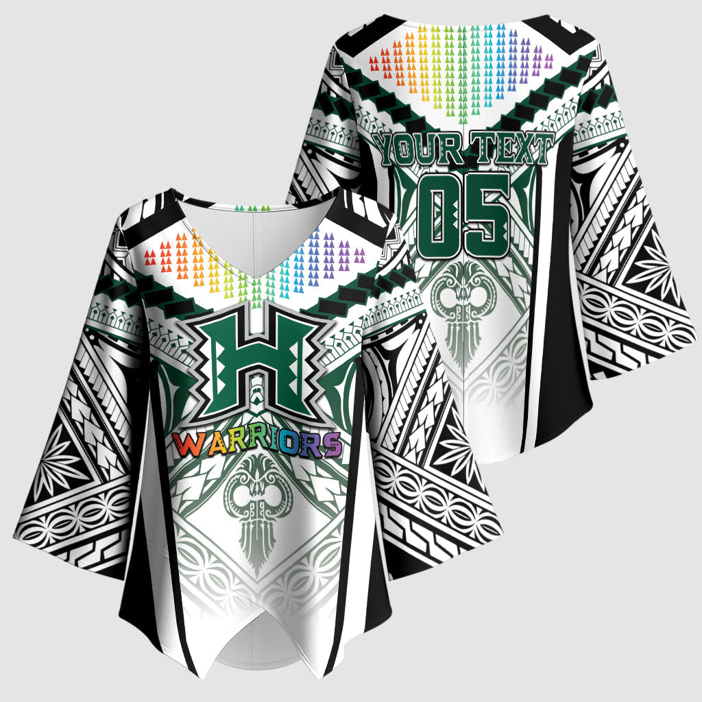 Custom Hawaii Warriors Football Kimono Sleeve Blouse Rainbow Kakau Pattern White LT05 - Polynesian Pride